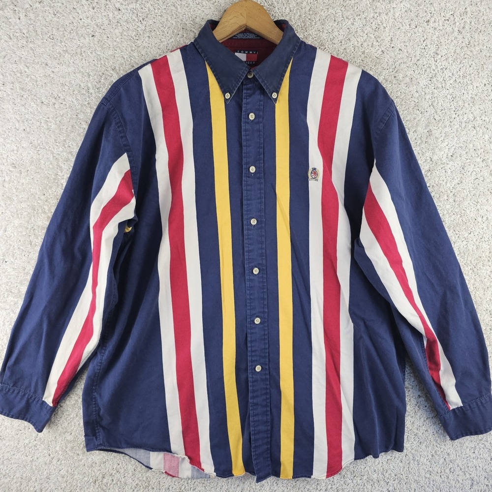 Vintage 90s Tommy Hilfiger Shirt Mens L Blue Red Striped Colorblock Y2K Preppy